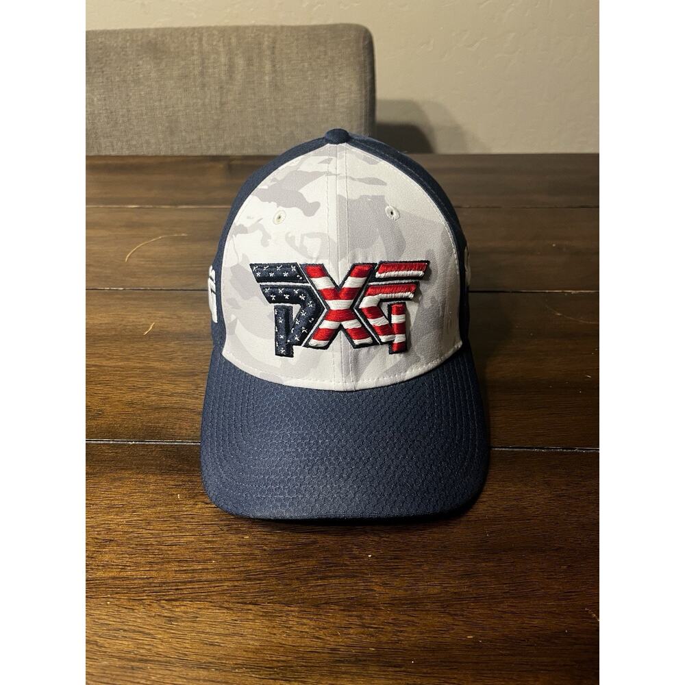 PXG Hat Cap Fitted Mens Medium /Large White Navy USA Flag Golf New Era Patriotic